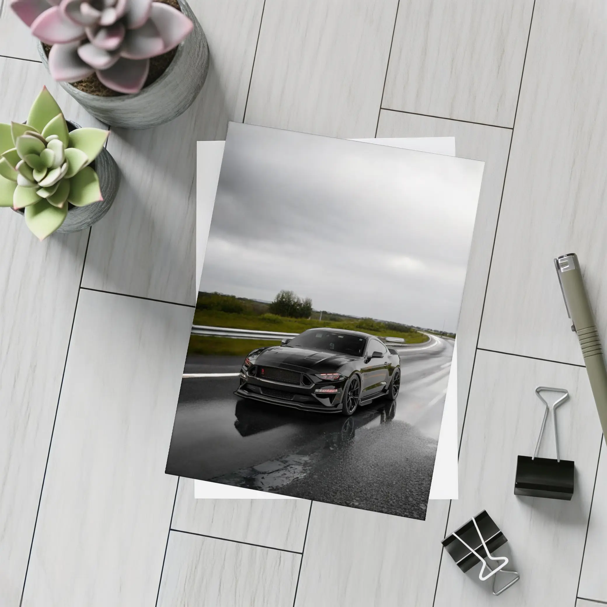 Ford Mustang Black Muscle Car Wet Road – Postcards