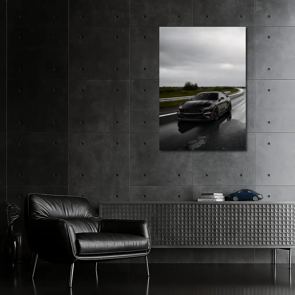 Ford Mustang Black Muscle Car Wet Road – Wall Art