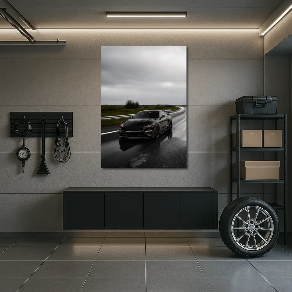 Ford Mustang Black Muscle Car Wet Road – Wall Art
