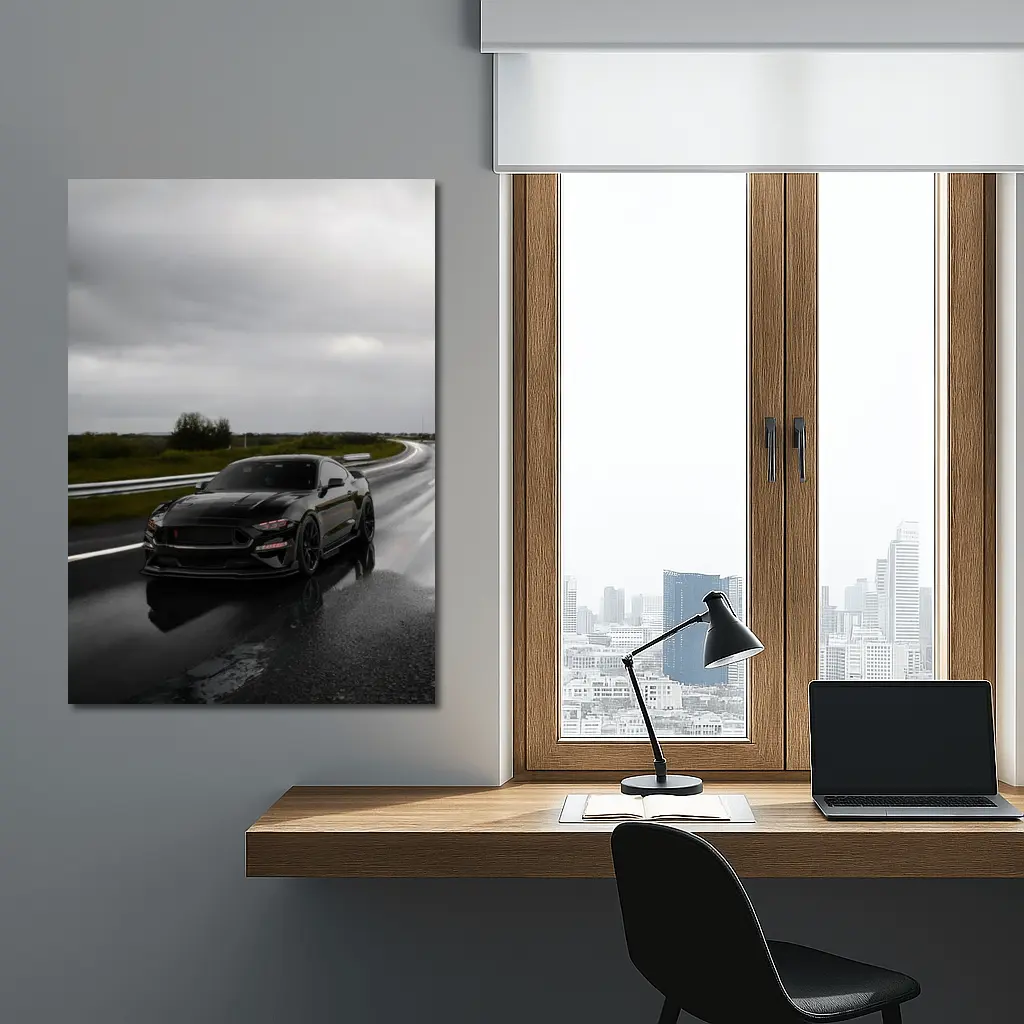 Ford Mustang Black Muscle Car Wet Road – Wall Art