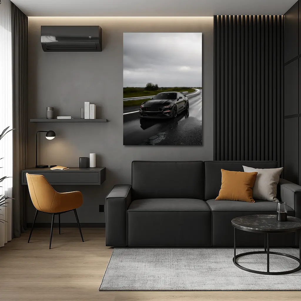 Ford Mustang Black Muscle Car Wet Road – Wall Art