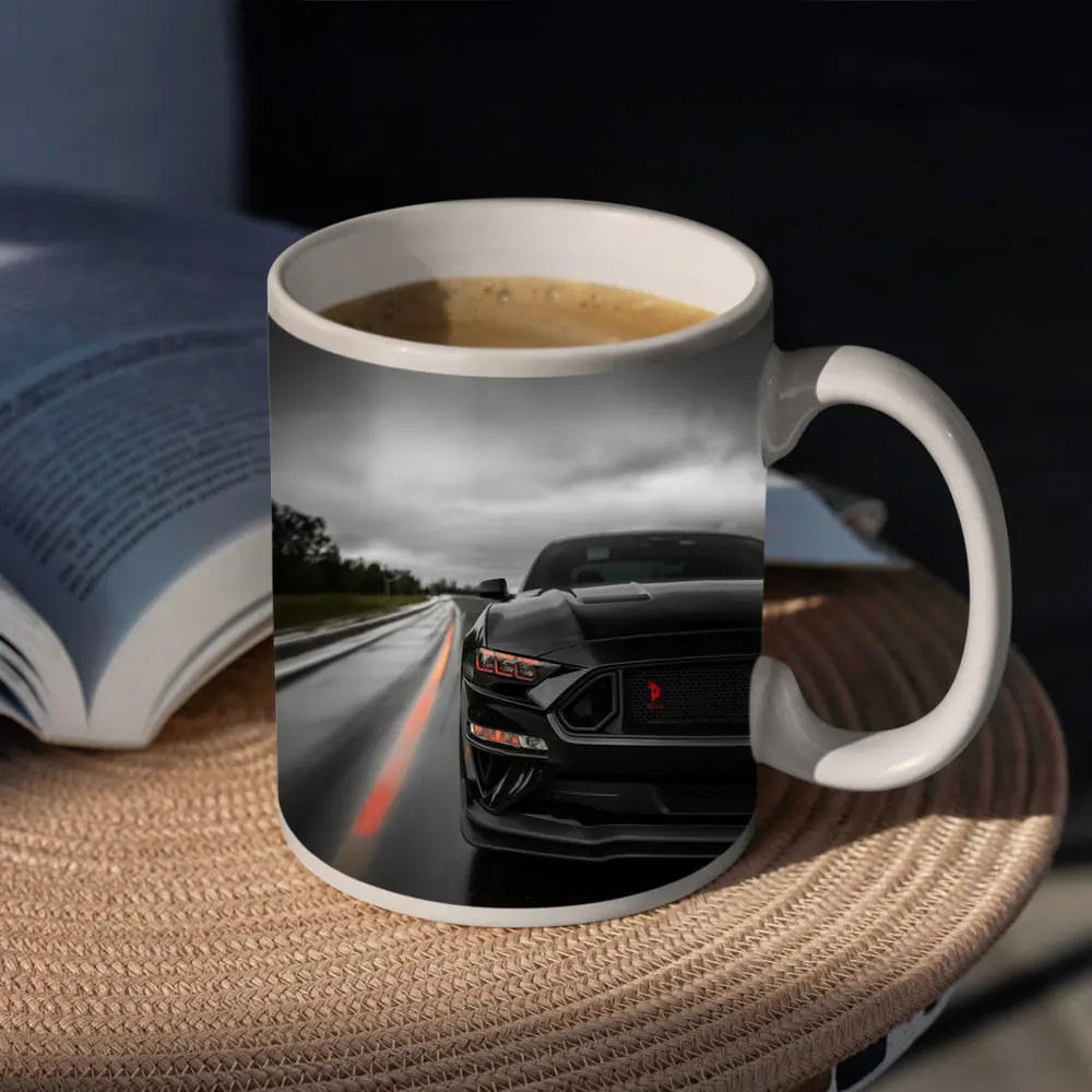 Black Ford Mustang Stormy Wet Road – Mugs