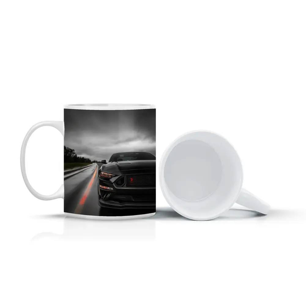 Black Ford Mustang Stormy Wet Road – Mugs