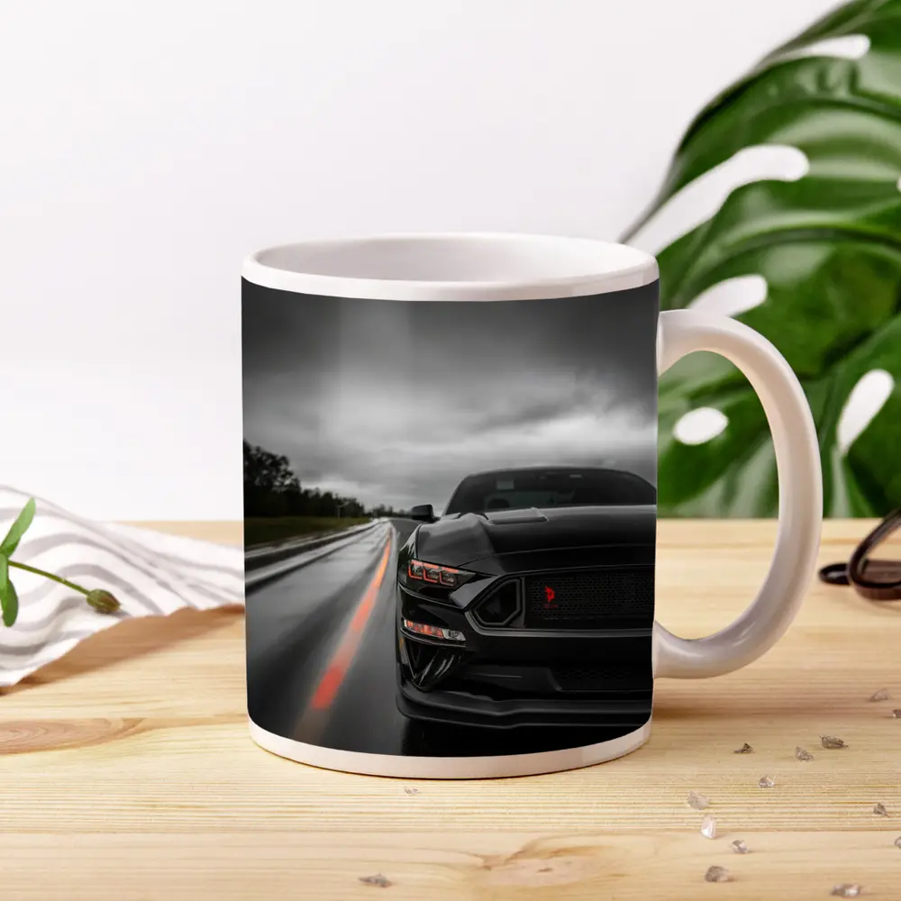 Black Ford Mustang Stormy Wet Road – Mugs