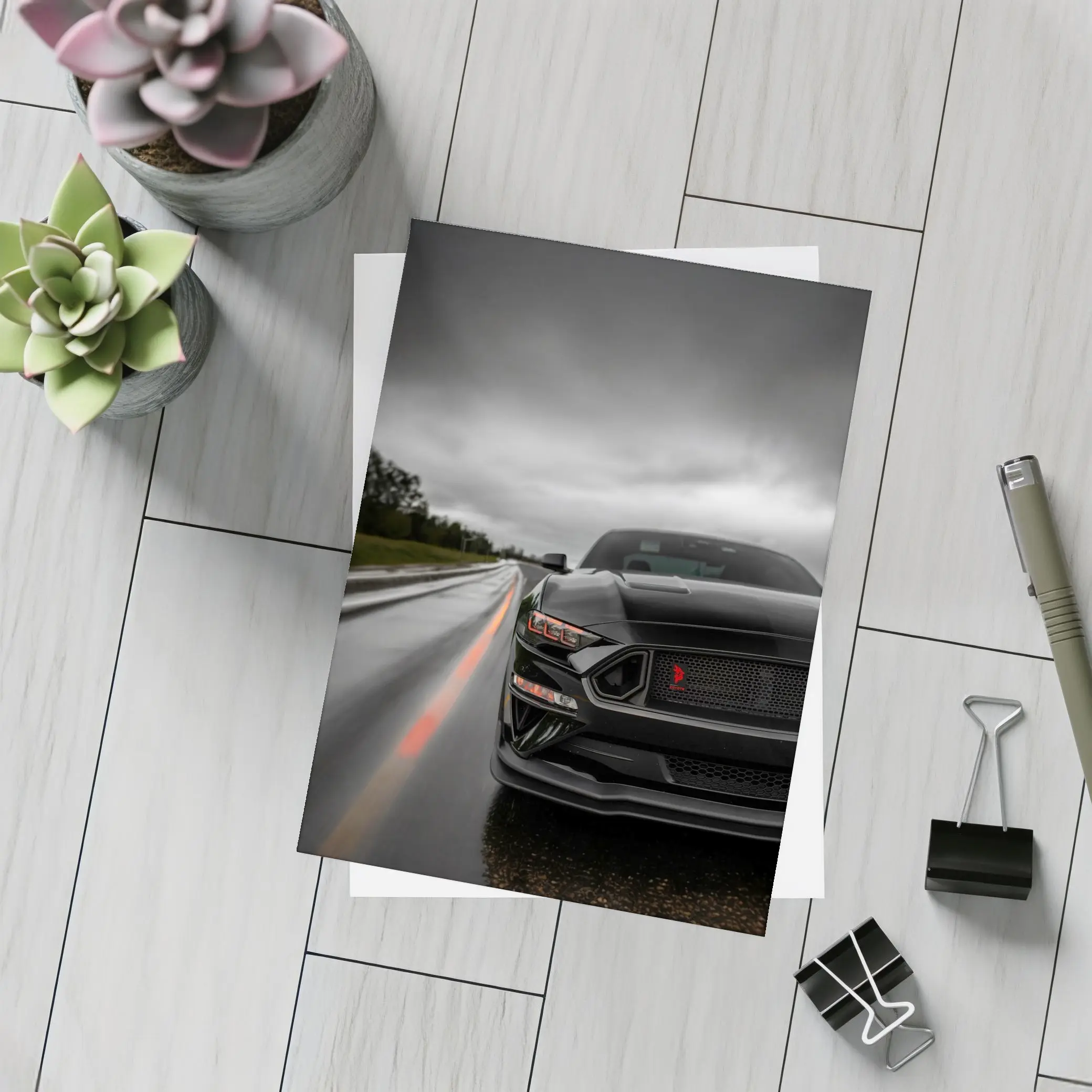 Black Ford Mustang Stormy Wet Road – Postcards