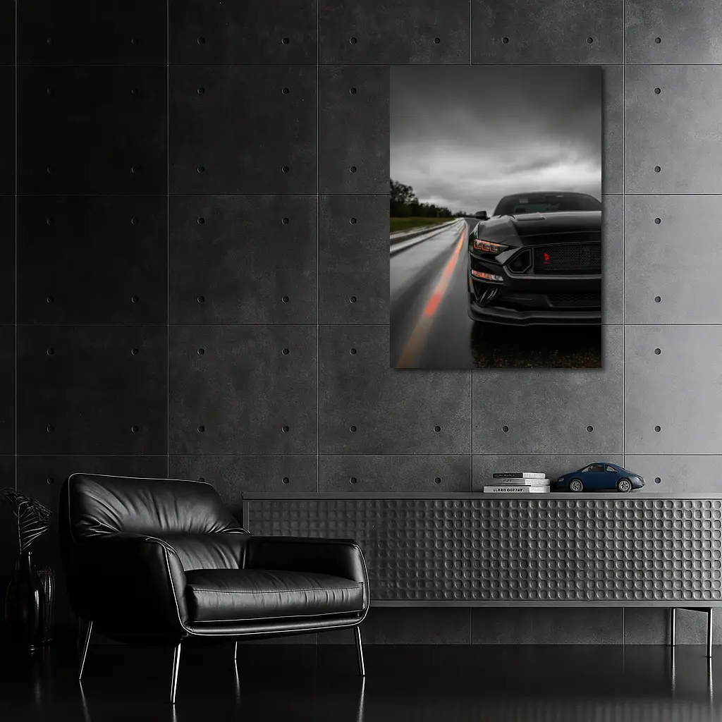 Black Ford Mustang Stormy Wet Road – Wall Art