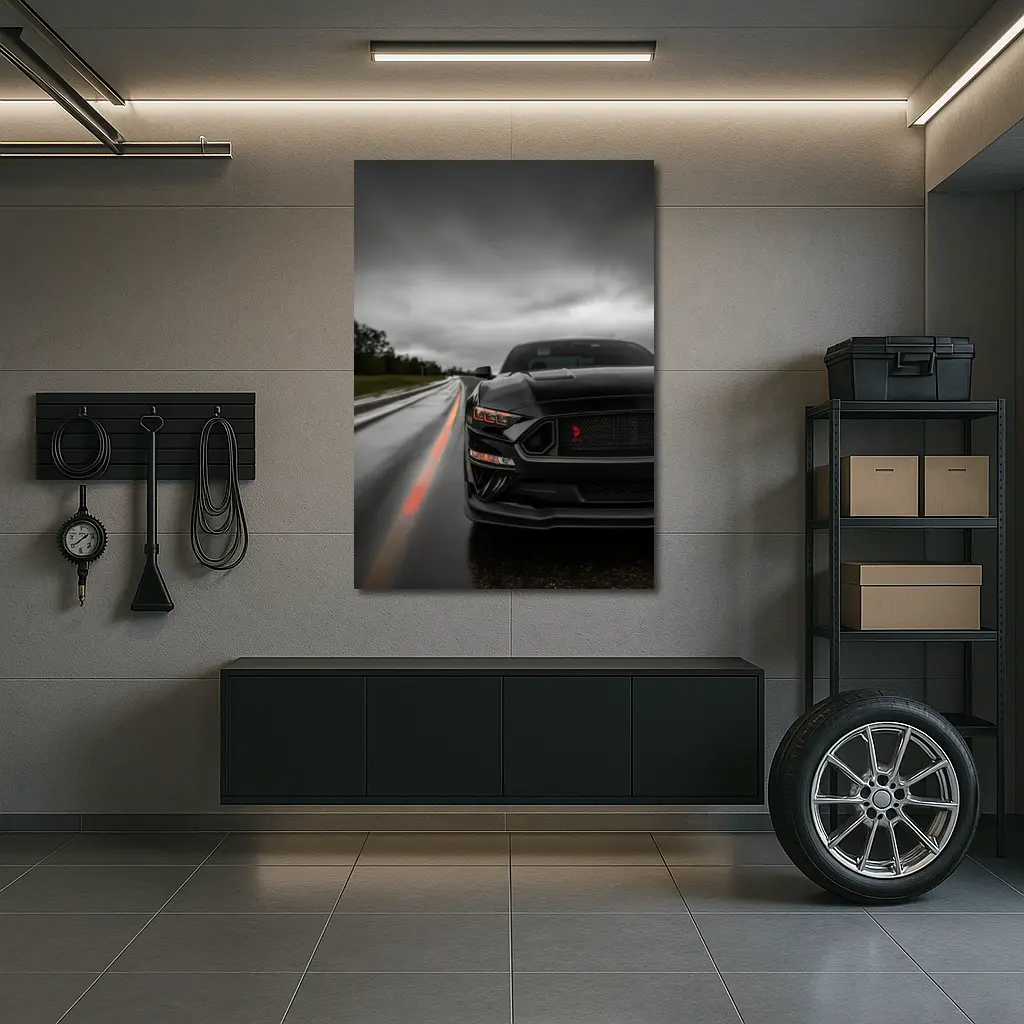 Black Ford Mustang Stormy Wet Road – Wall Art