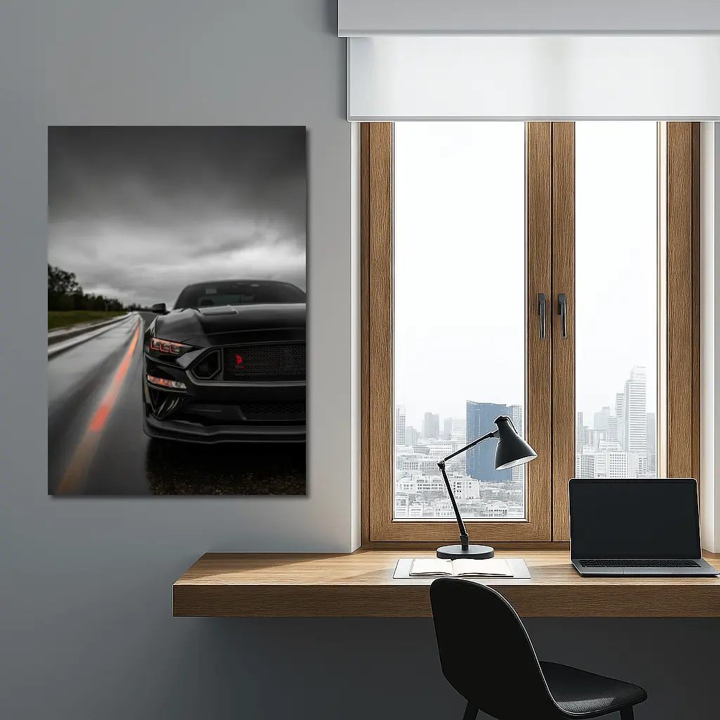 Black Ford Mustang Stormy Wet Road – Wall Art