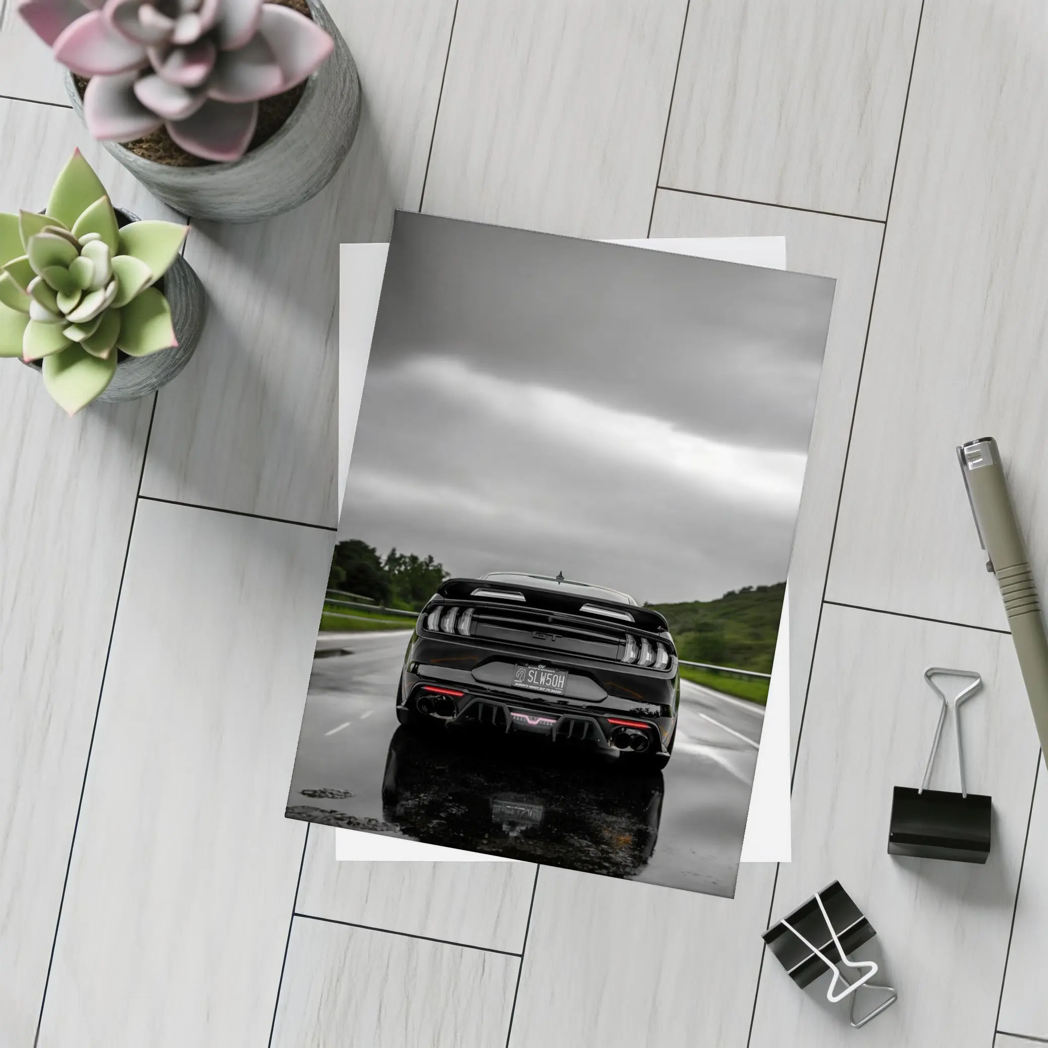Black Ford Mustang GT Rainy Road – Postcards