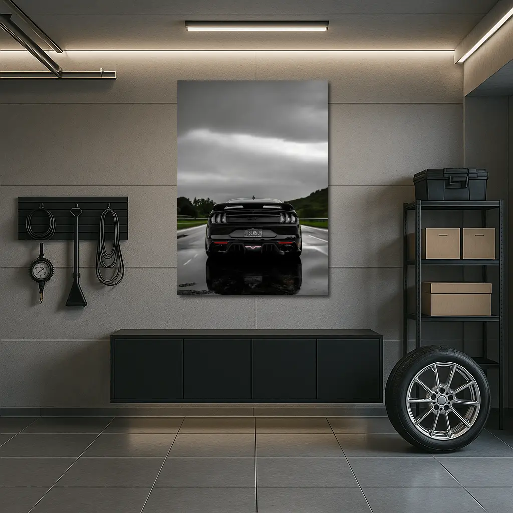 Black Ford Mustang GT Rainy Road – Wall Art