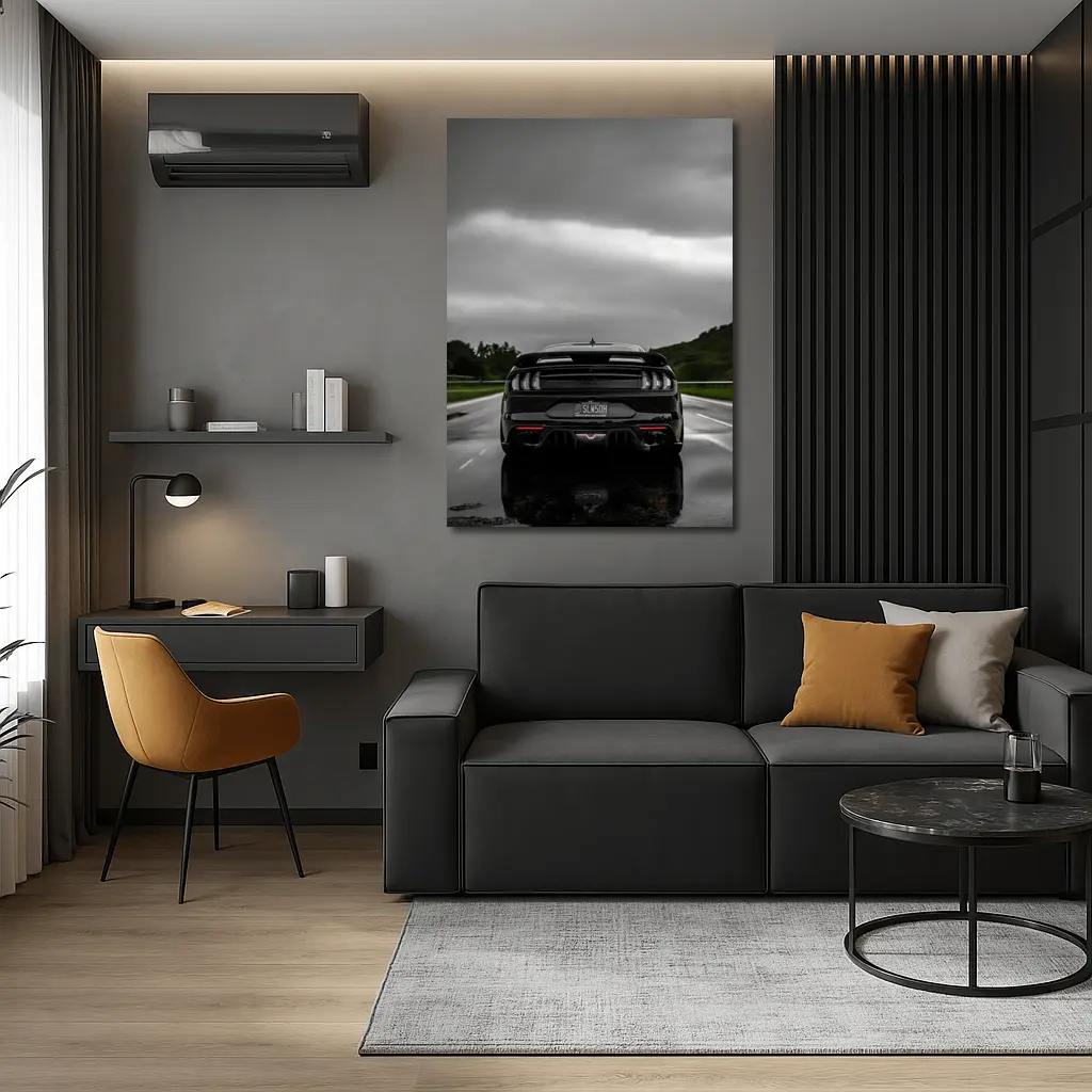 Black Ford Mustang GT Rainy Road – Wall Art