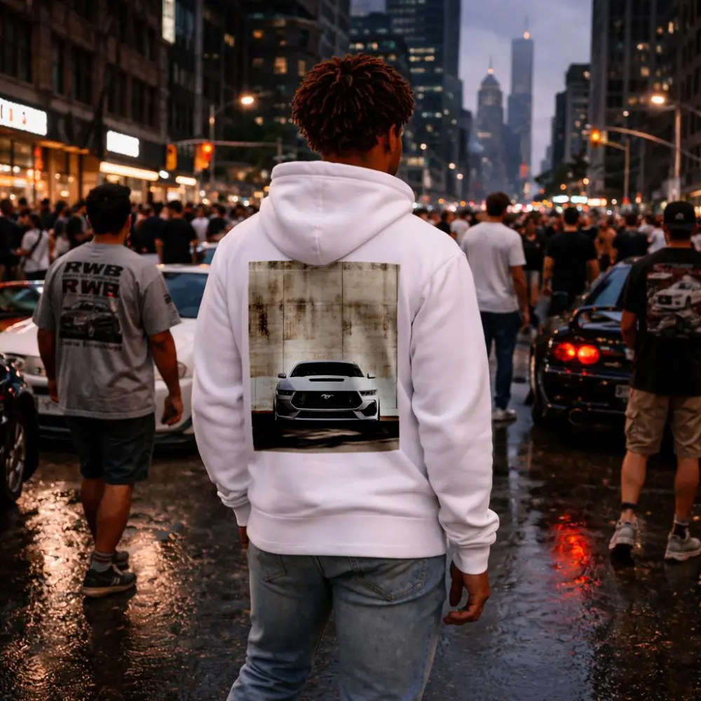 Ford Mustang White Concrete Wall Front View – Hoodies
