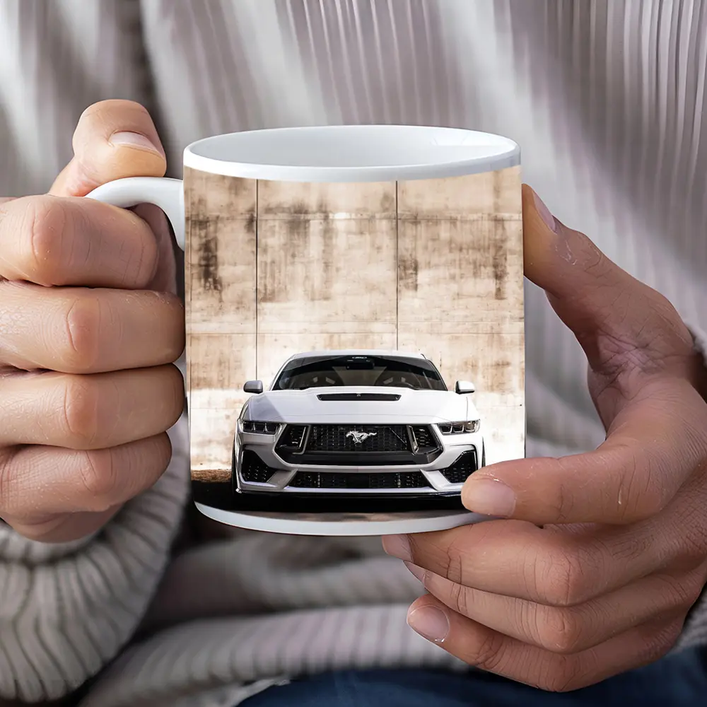 Ford Mustang White Concrete Wall Front View – Mugs
