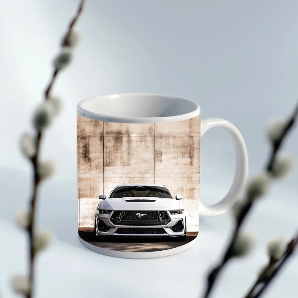 Ford Mustang White Concrete Wall Front View – Mugs