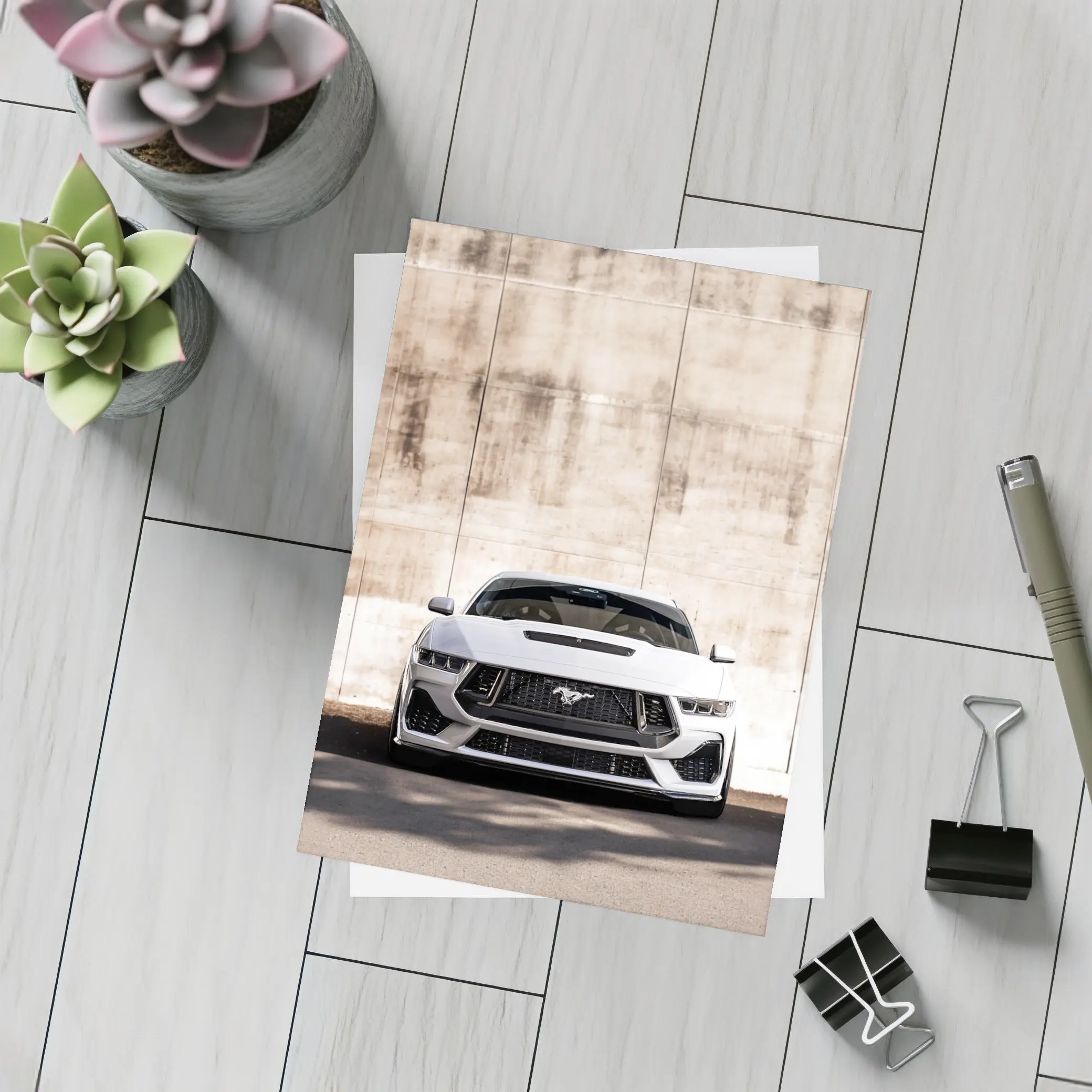 Ford Mustang White Concrete Wall Front View – Postcards