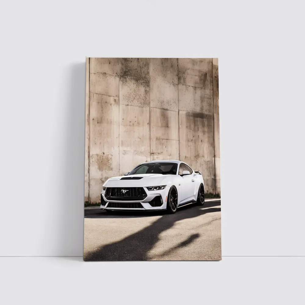 Ford Mustang White Against Concrete Wall – Wall Art