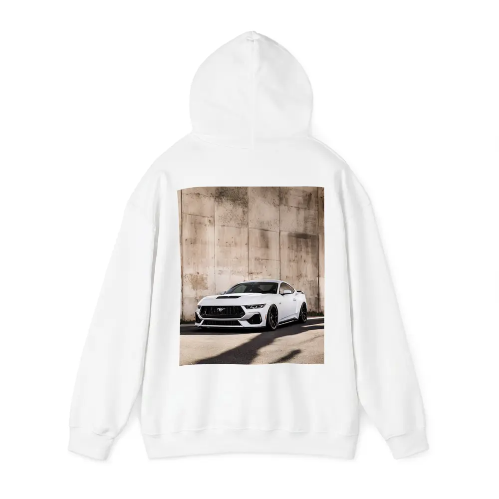 Ford Mustang White Against Concrete Wall – Hoodies
