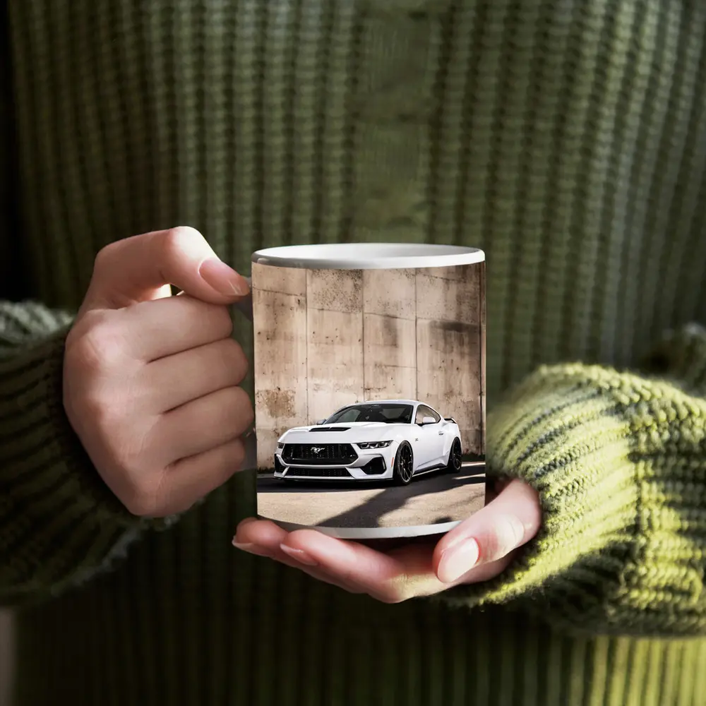 Ford Mustang White Against Concrete Wall – Mugs