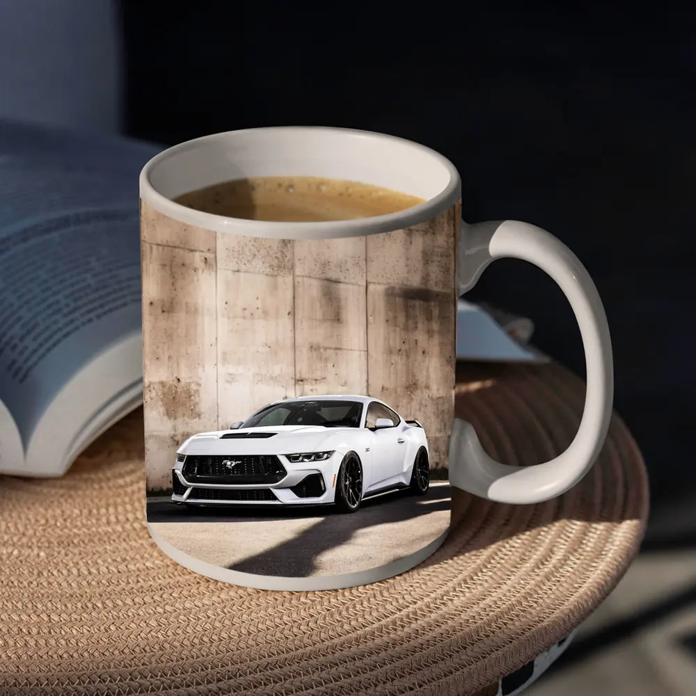 Ford Mustang White Against Concrete Wall – Mugs