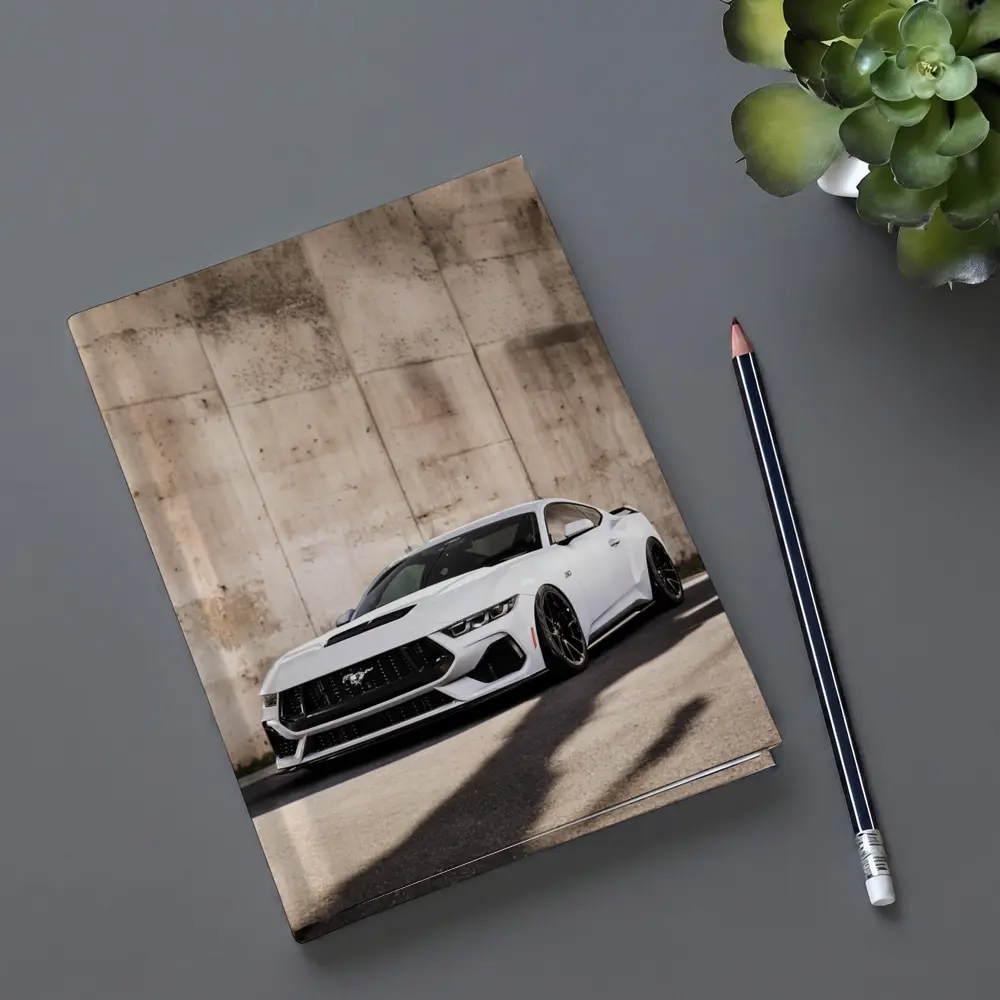 Ford Mustang White Against Concrete Wall – Notebooks
