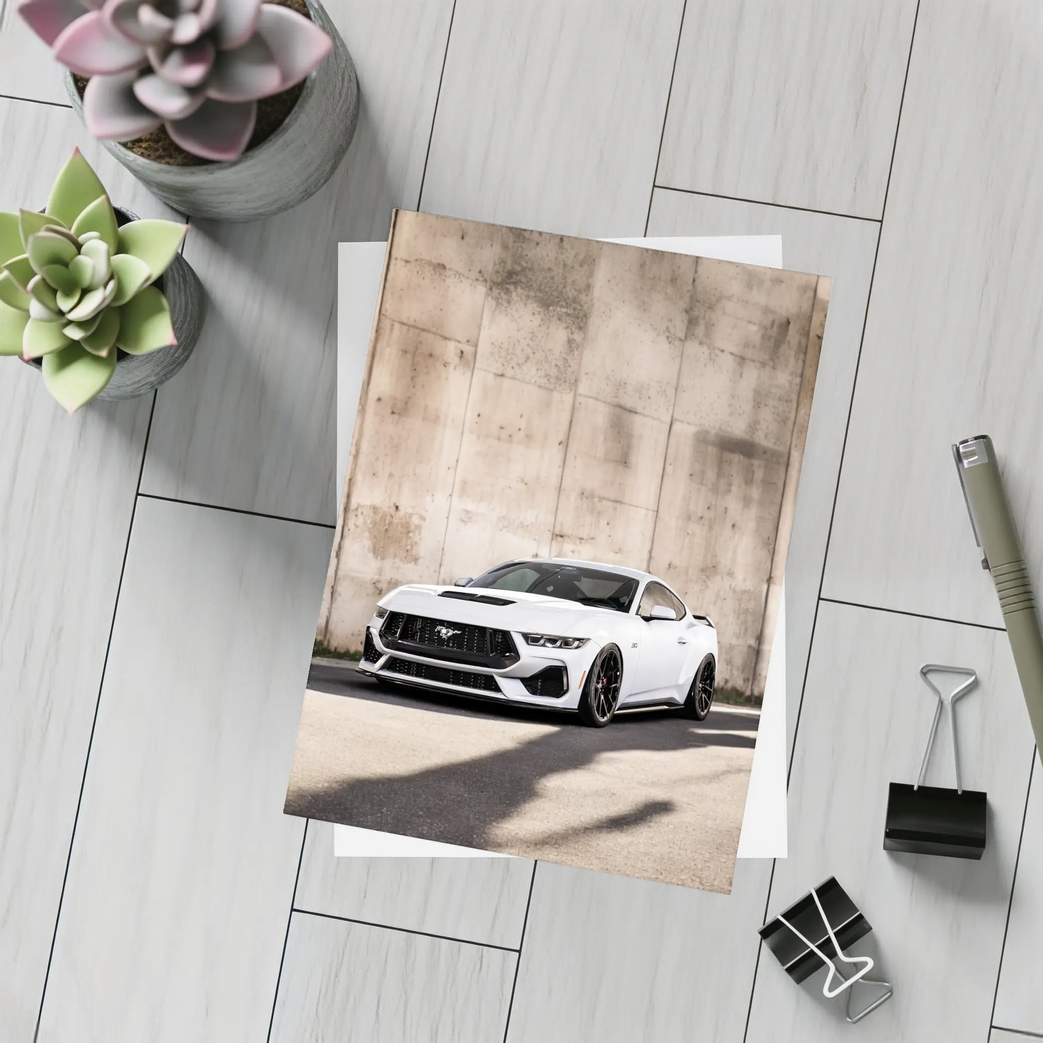 Ford Mustang White Against Concrete Wall – Postcards