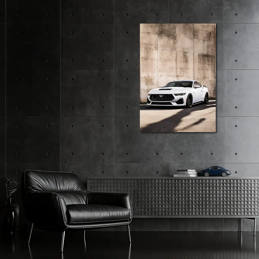 Ford Mustang White Against Concrete Wall – Wall Art