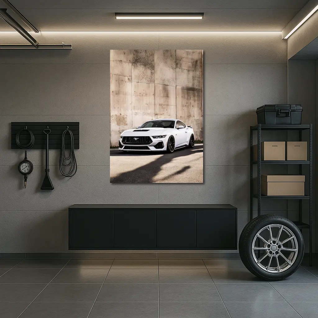 Ford Mustang White Against Concrete Wall – Wall Art