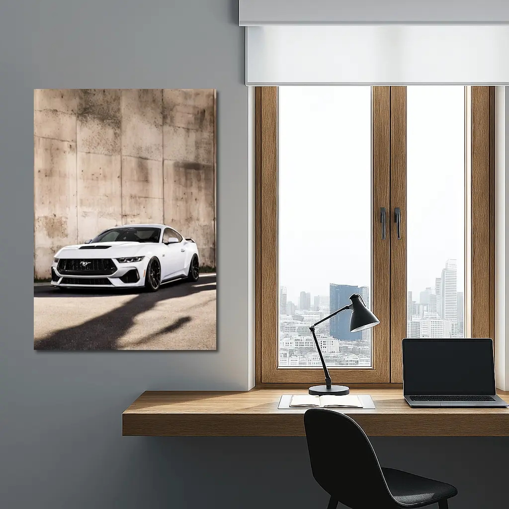 Ford Mustang White Against Concrete Wall – Wall Art
