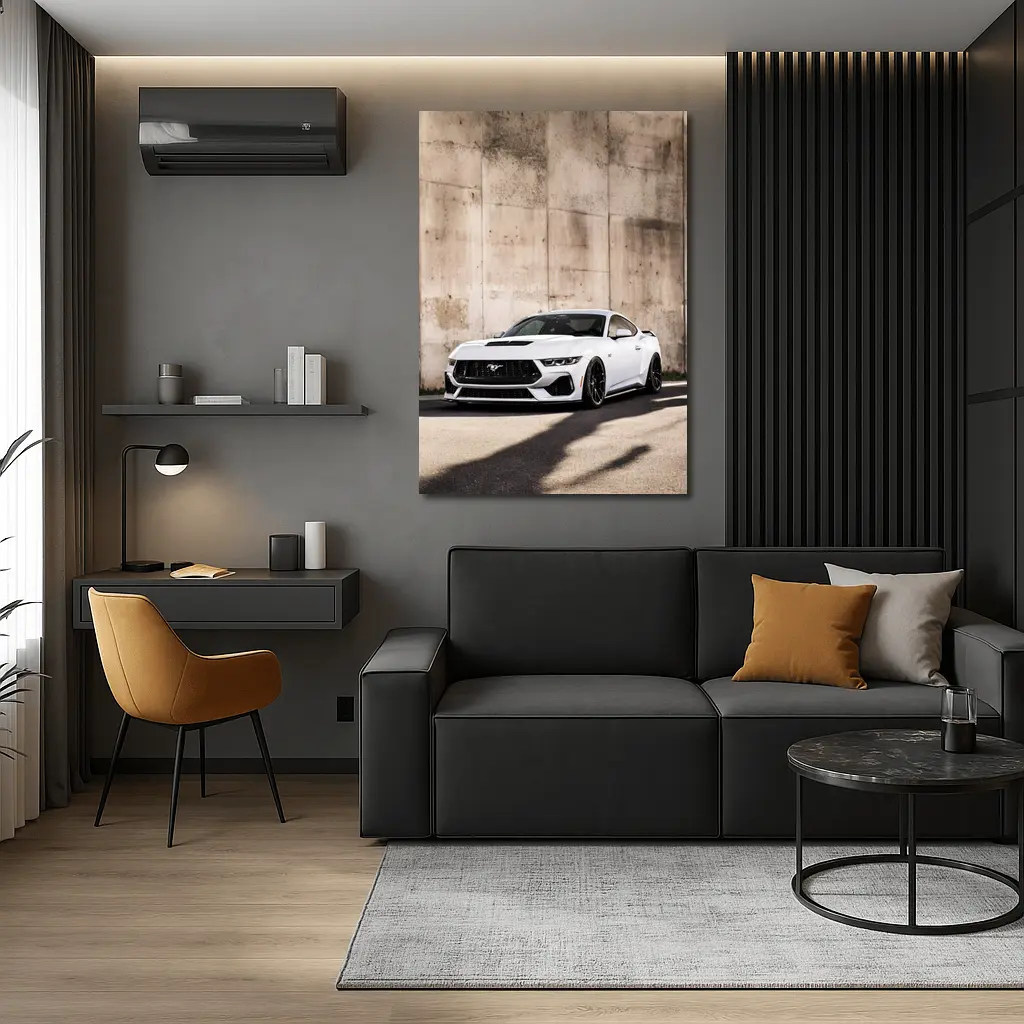 Ford Mustang White Against Concrete Wall – Wall Art