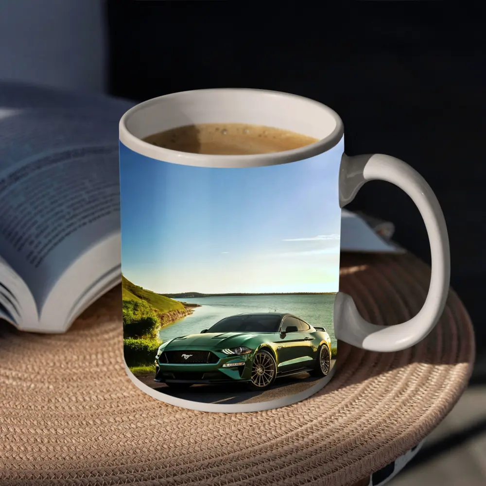Ford Mustang Green Coastal Road Sunny Day – Mugs