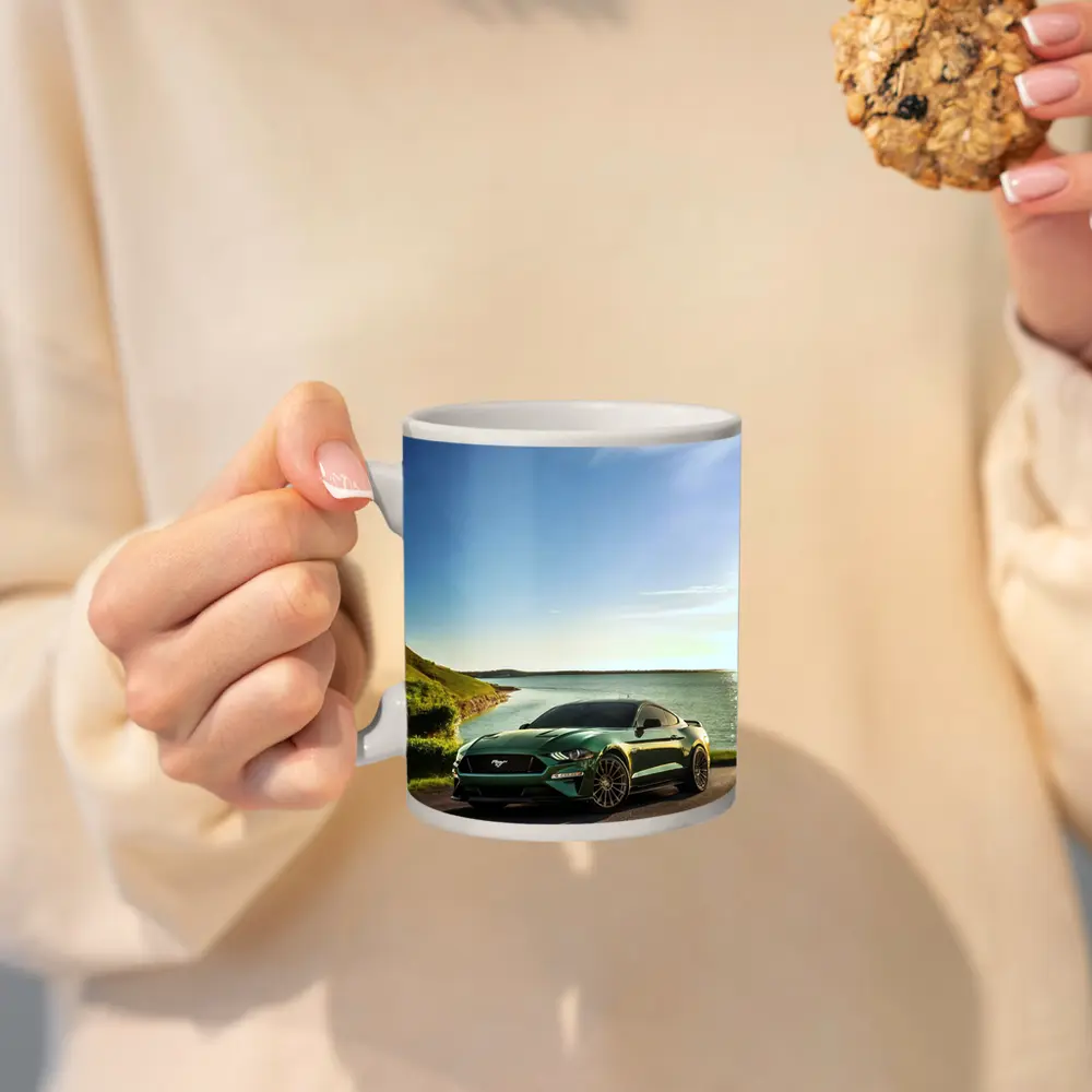 Ford Mustang Green Coastal Road Sunny Day – Mugs