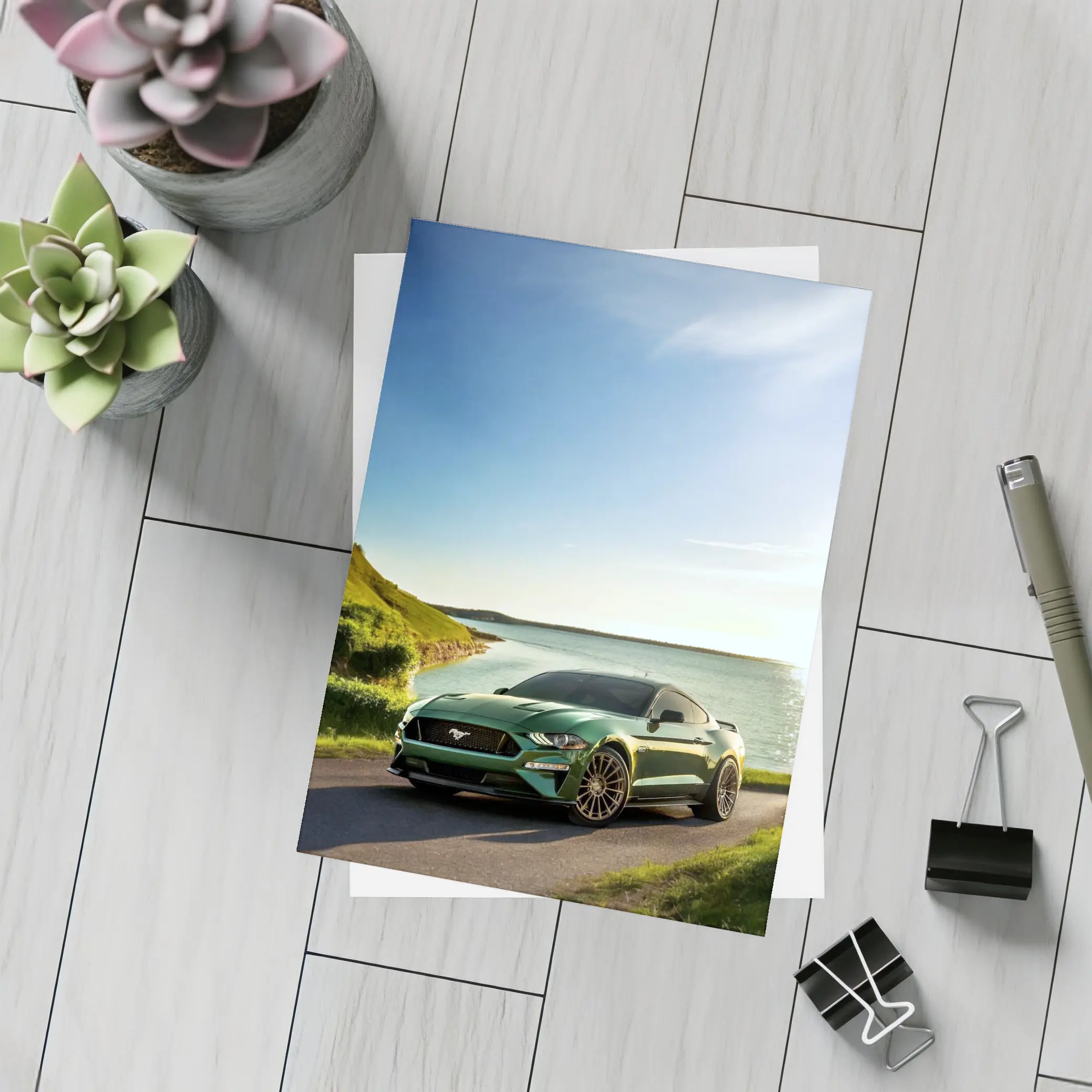 Ford Mustang Green Coastal Road Sunny Day – Postcards