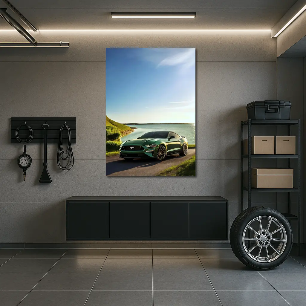 Ford Mustang Green Coastal Road Sunny Day – Wall Art