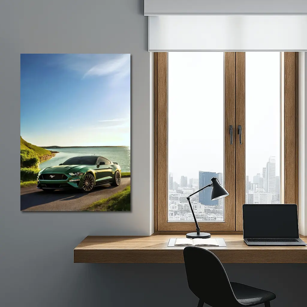 Ford Mustang Green Coastal Road Sunny Day – Wall Art