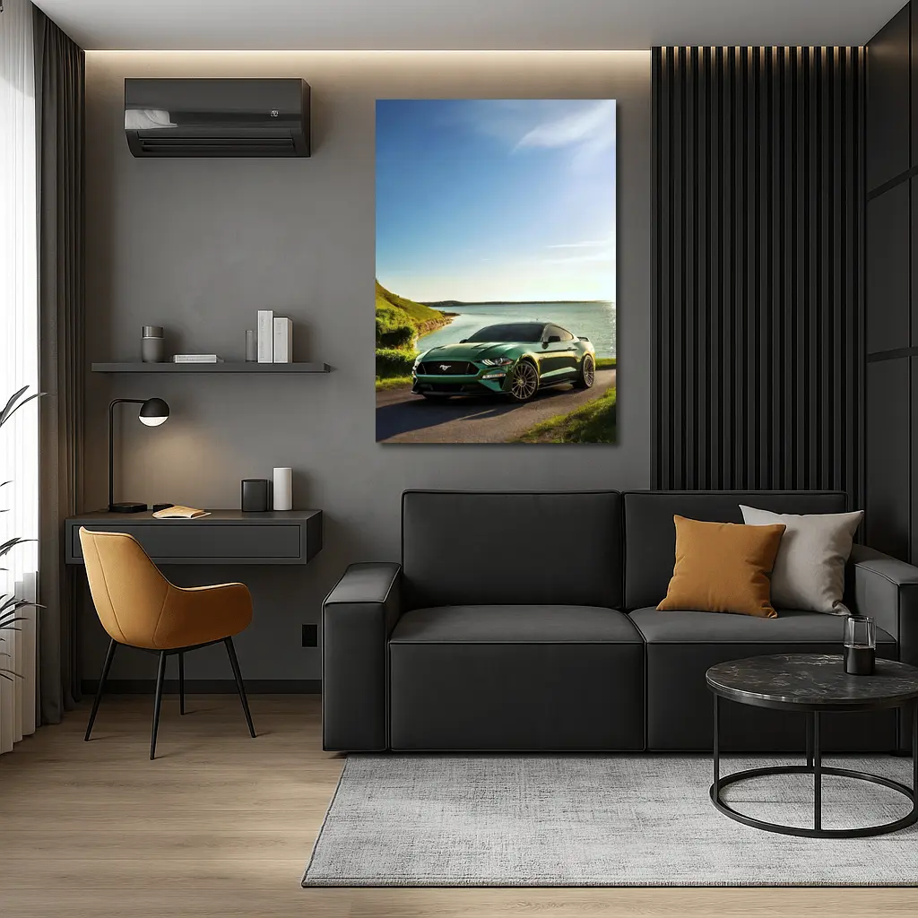 Ford Mustang Green Coastal Road Sunny Day – Wall Art