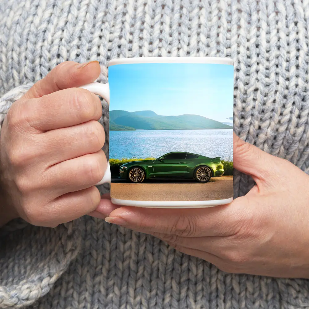 Ford Mustang Green Parked By Lake – Mugs