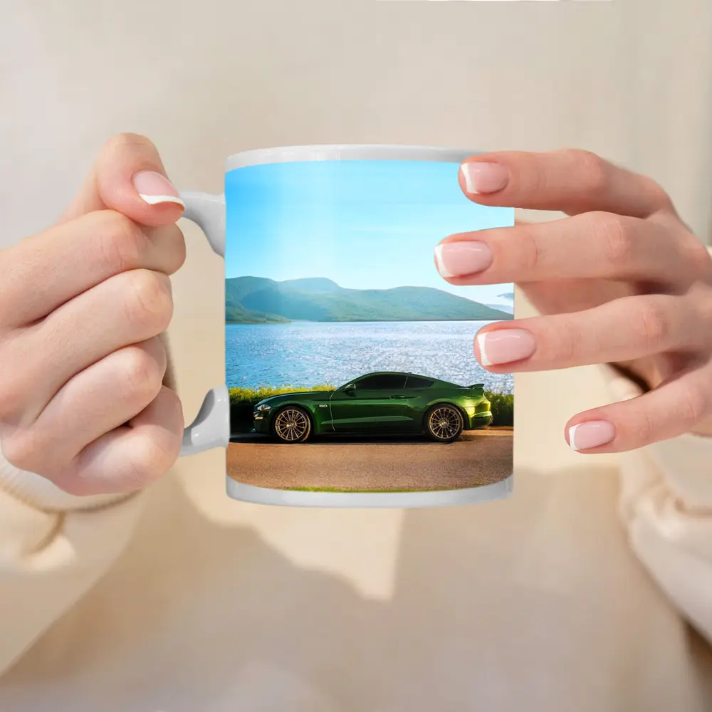Ford Mustang Green Parked By Lake – Mugs