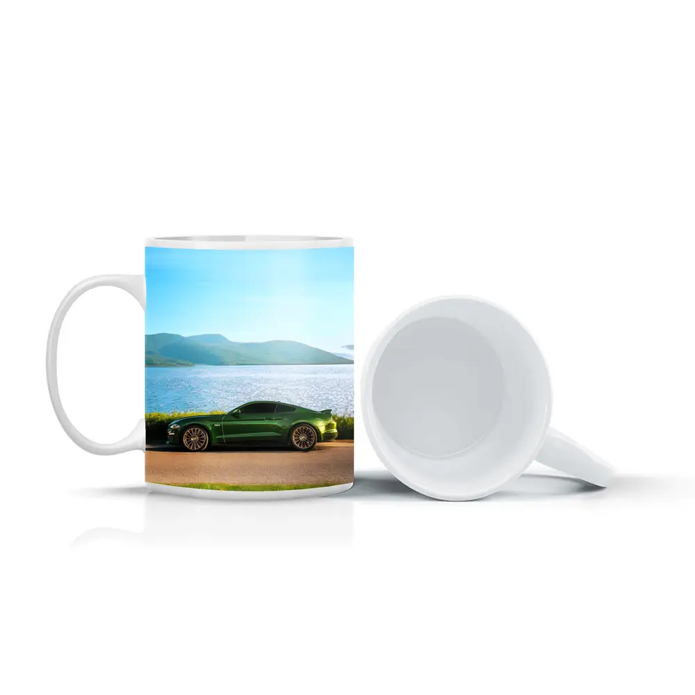 Ford Mustang Green Parked By Lake – Mugs