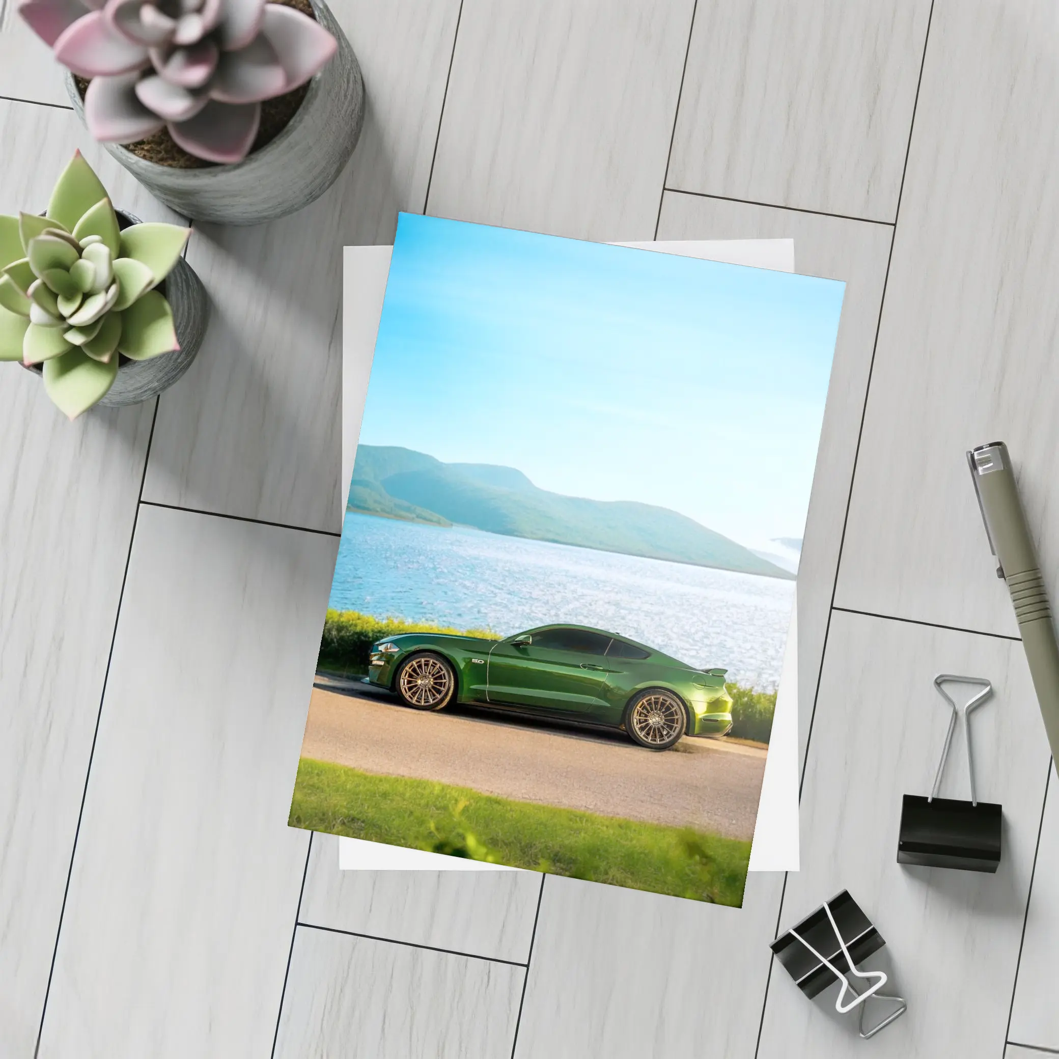 Ford Mustang Green Parked By Lake – Postcards