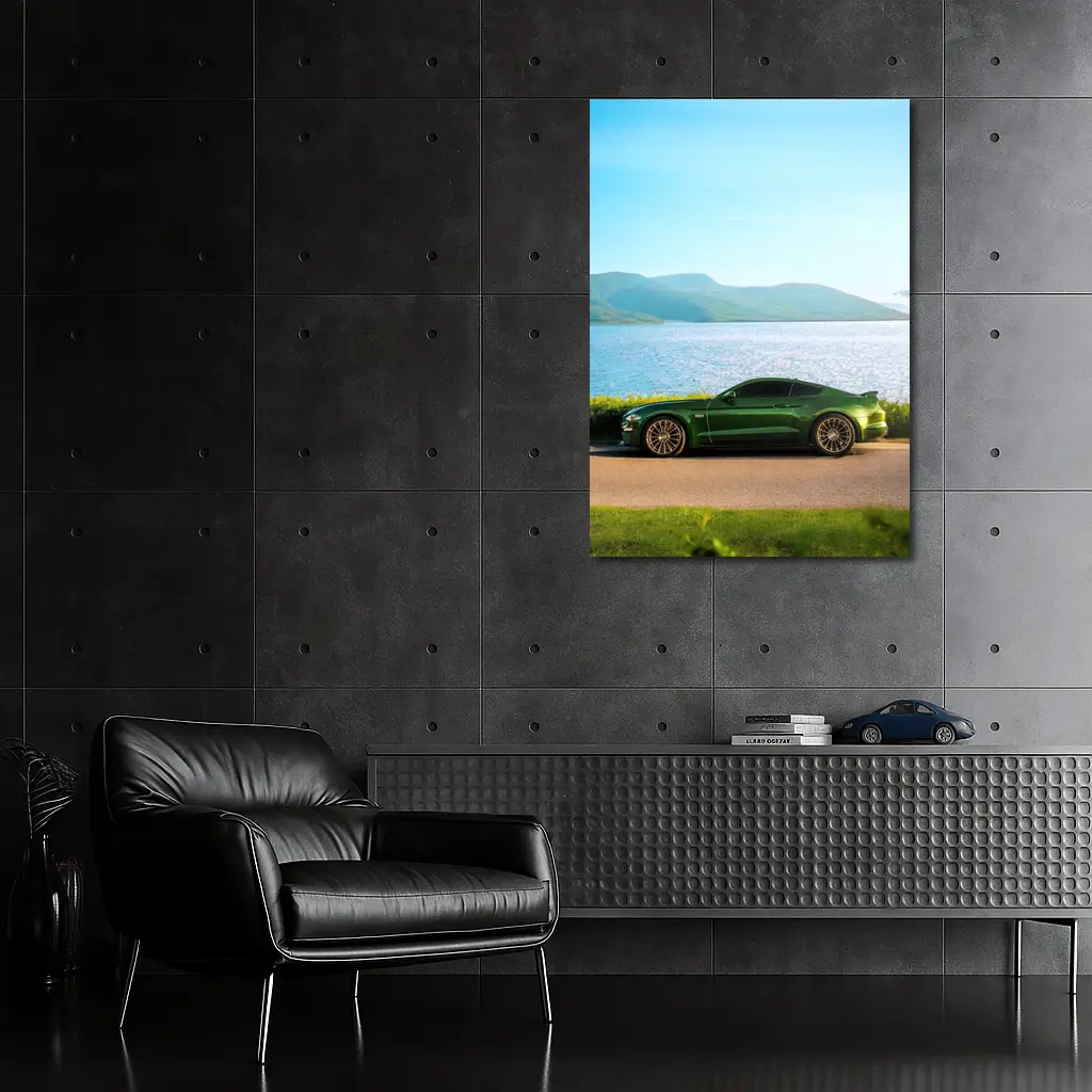 Ford Mustang Green Parked By Lake – Wall Art