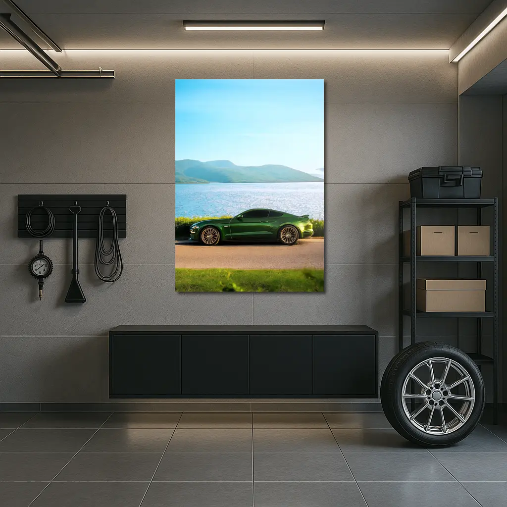 Ford Mustang Green Parked By Lake – Wall Art