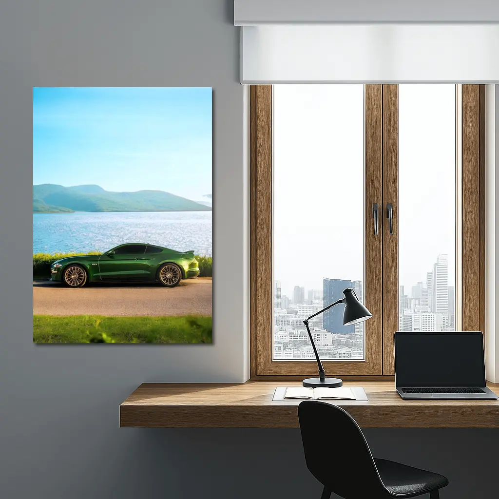 Ford Mustang Green Parked By Lake – Wall Art