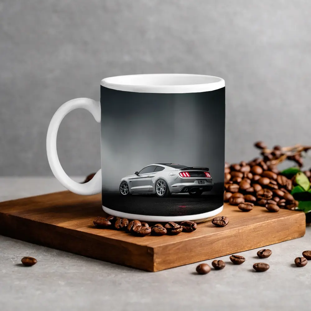 Ford Mustang GT Silver Foggy Dark Background – Mugs
