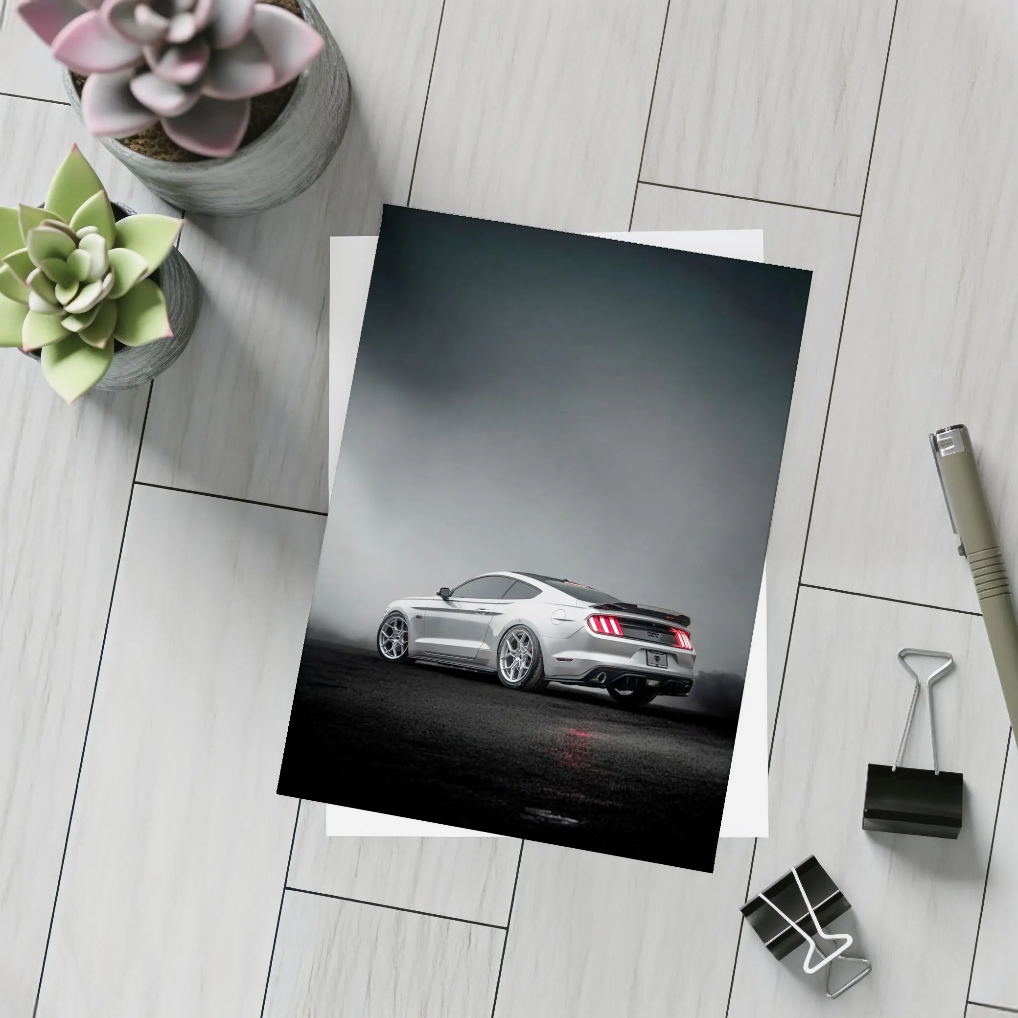Ford Mustang GT Silver Foggy Dark Background – Postcards