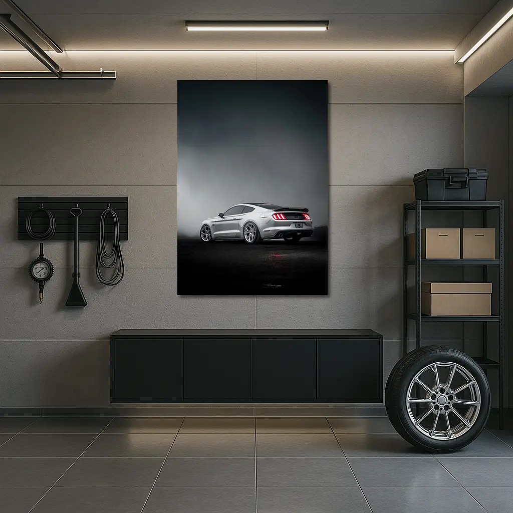 Ford Mustang GT Silver Foggy Dark Background – Wall Art