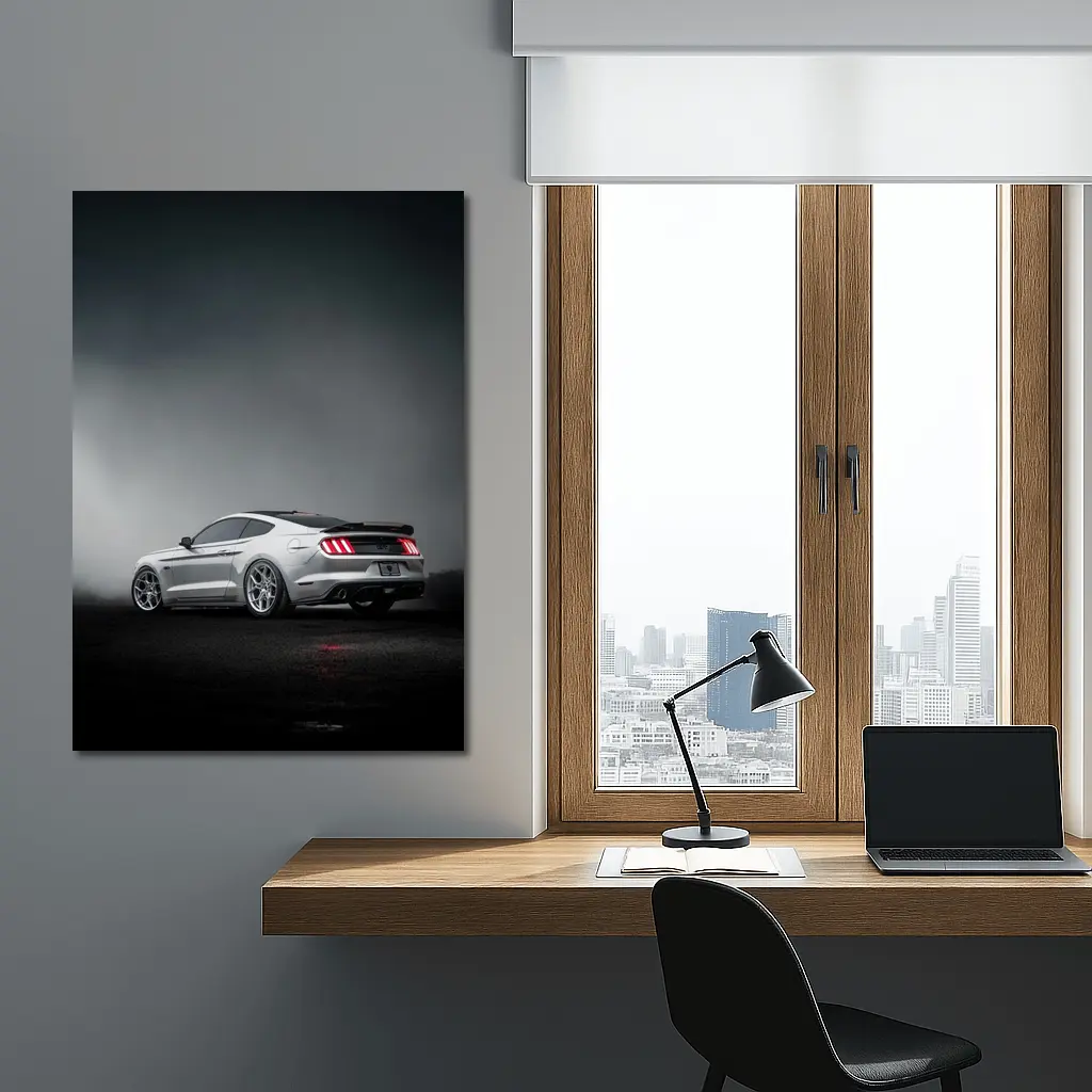 Ford Mustang GT Silver Foggy Dark Background – Wall Art