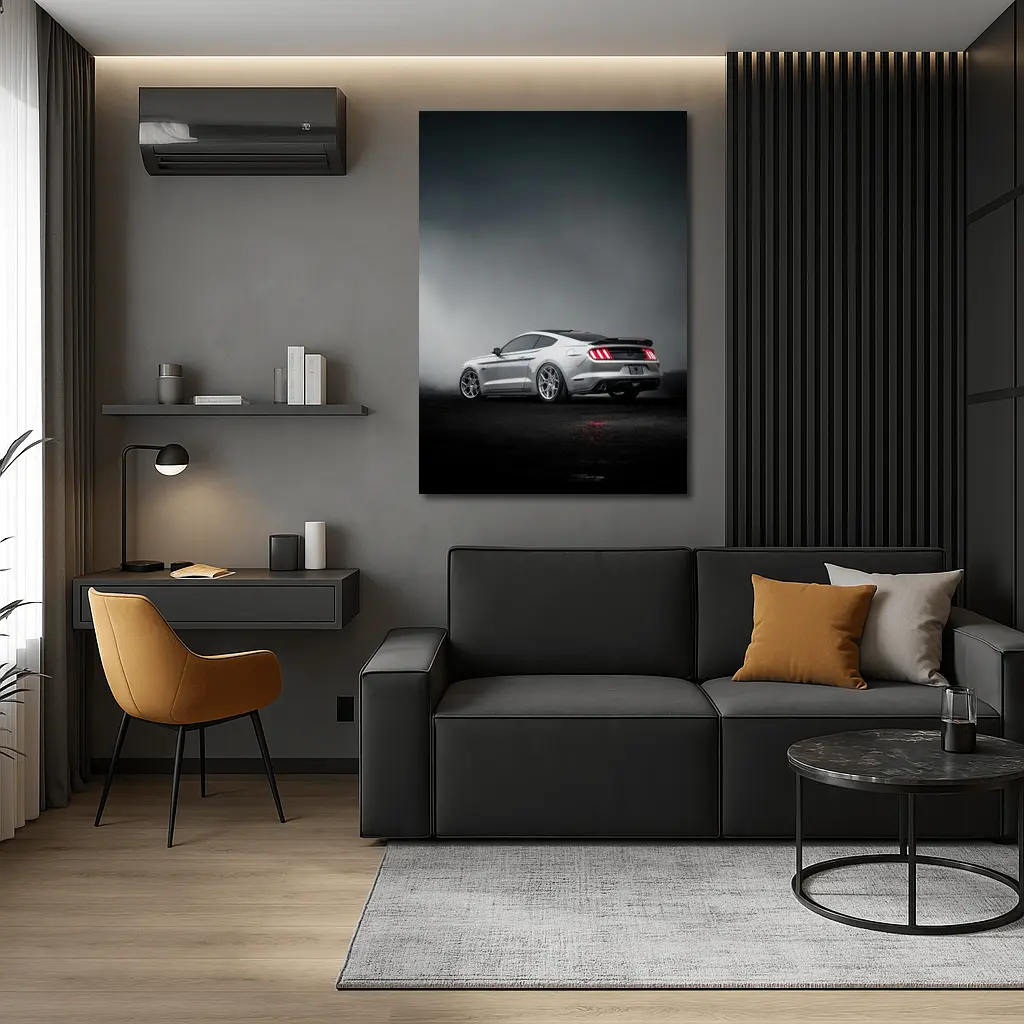 Ford Mustang GT Silver Foggy Dark Background – Wall Art