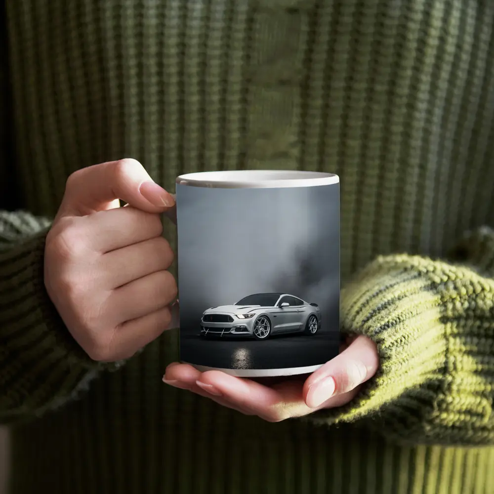 Ford Mustang Silver Stance Foggy Dark Background – Mugs