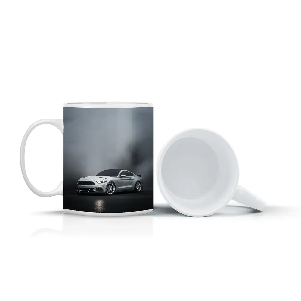 Ford Mustang Silver Stance Foggy Dark Background – Mugs