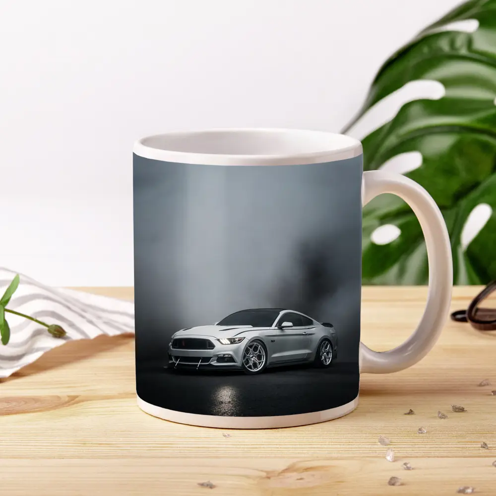 Ford Mustang Silver Stance Foggy Dark Background – Mugs